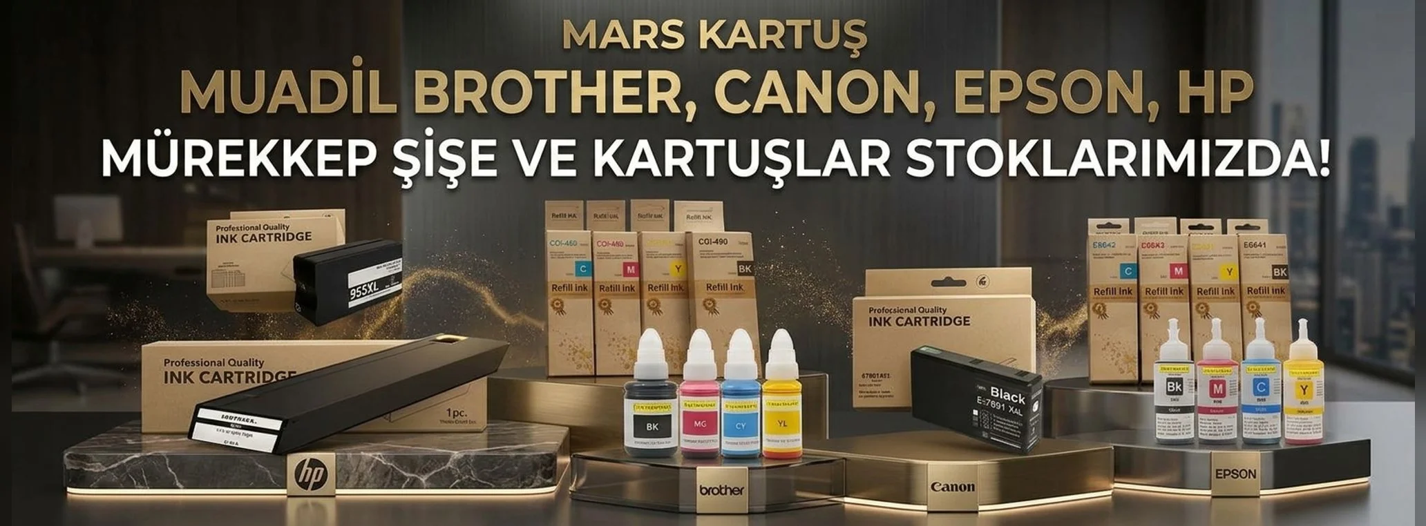 Muadil Brother, Canon, Epson, HP mürekkep şişe ve kartuşlar stoklarımızda